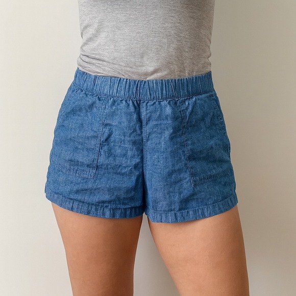 J.Crew Womens Medium Blue Chambray Pull On Elastic Waist Casual Shorts - Picture 1 of 4